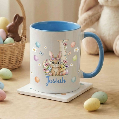 Personalized Name Floral Bunny Alphabet Mug, 11oz/15oz Two Tone Ceramic Coffee Milk Mug with Coaster, Birthday/Easter Gift for Kids/Boys/Girls