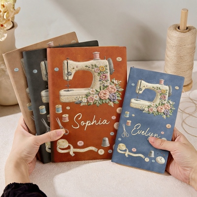 Personalized Floral Sewing Machine A5 Notebook with Name, Vintage PU Leather Cover Journal, Birthday/Mother's Day Gift for Sewing Lovers/Mom/Her