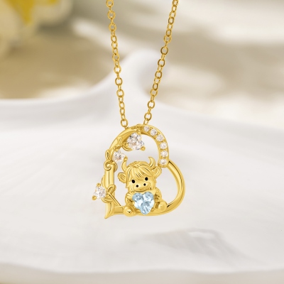 Personalized Highland Cow Heart Pendant Necklace with Birthstone, Women's Dainty Jewelry, Birthday/Anniversary Gift for Her/Mom/Highland Cow Lovers