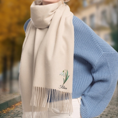 Custom Name Mother of Pearl Effect Birth Flower Scarf with Tassel, Soft Warm Faux Cashmere Scarf, Birthday/Anniversary Gift for Her/Mom/Family/Friends