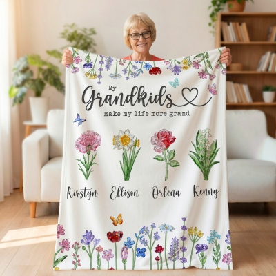 Personalized Names & Crystal Birth Flowers Grandma's Garden Blanket, Flannel/Sherpa Throw for Bed Couch, Birthday/Mother's Day Gift for Grandmother