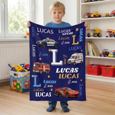 Personalized Name Kid's Police Car Ambulance Fire Truck Blanket, Flannel/Sherpa Throw for Bed Couch, Home Decor, Birthday Gift for Boys/Kids