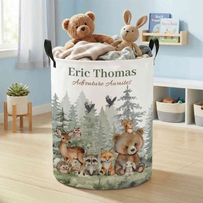 Personalisierter Aufbewahrungskorb mit Waldtiermotiv, Griffen, großem Fassungsvermögen, ideal für Wäsche, Spielzeug, Kinderzimmer/Badezimmer, Geschenk für Kinder/Kleinkinder