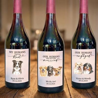 Custom Watercolor Pet Portrait Wine Stickers with Name, Waterproof Champagne Bottle Labels, Bridal Shower Favor, Wedding Gift for Pet Lovers/Newlyweds