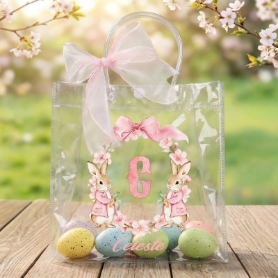 Custom Name Peter Rabbit Bow Wreath Alphabet Easter Gift Bag with Pink Bow Ribbon, Clear PVC Easter Egg Hunt Bag, Easter Gift for Kids/Boys/Girls