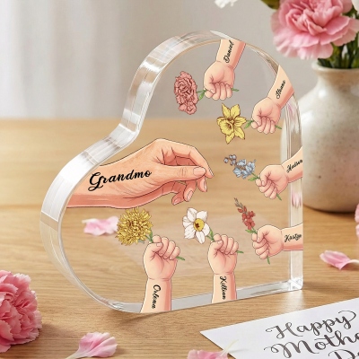 Personalized Names Birth Flowers Hands of Mom/Grandma & Kids Heart-Shaped Acrylic Plaque, Desk Decor, Anniversary/Mother’s Day Gift for Mom/Grandma
