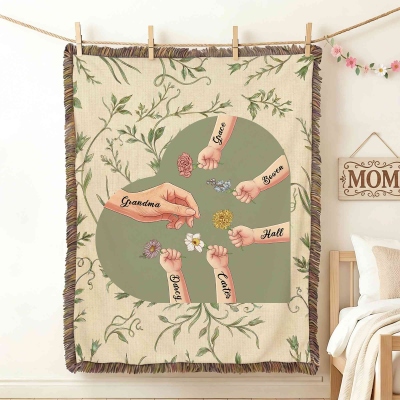 Custom Names Birth Flowers Mom/Grandma & Kids Hands Heart Blanket with Tassels, Flannel Bed Couch Throw, Birthday/Mother’s Day Gift for Mom/Grandma