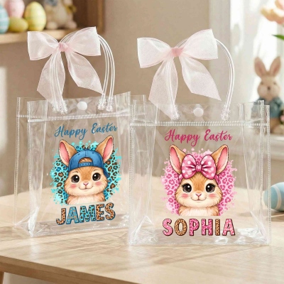 Personalisierte Ostergeschenktüte mit Leopardenmuster und Cartoon-Hasenmotiv, verziert mit einer rosa Schleife, aus transparentem PVC, ideal als Mitbringsel für Frühlingsfeste oder als Ostergeschenk für Kinder.