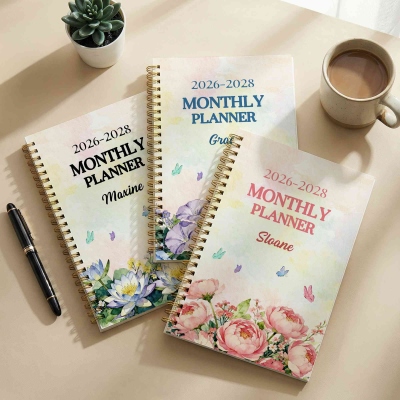 Custom Name Birth Flower 2026-2028 Monthly Planner, A5 Spiral Schedule Planner Notebook, Birthday/Graduation/Anniversary Gift for Women/Family/Friends