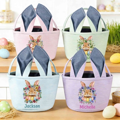 Personalized Birth Flower & Name Bunny Easter Basket with Rabbit Ears, Seersucker Large Capacity Easter Egg Hunt Bucket Bag, Easter Gift for Kids