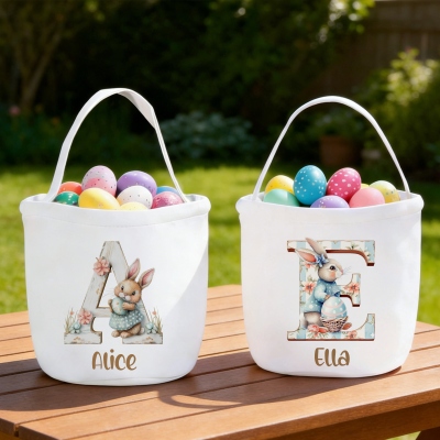 Personalisierter Osterkorb mit Namen, Blumen-Hasen-Aquarell-Alphabet, große Geschenktasche aus Canvas, Ostereiersuche-Eimer, Ostergeschenk für Kinder
