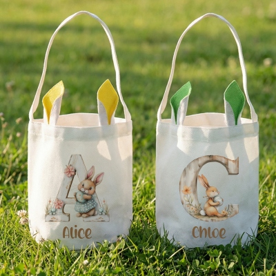 Personalisierter Osterkorb mit Namen, Blumenmuster, Hasenmotiv und Aquarellbuchstaben, Osterbeutel aus Baumwollleinen mit Hasenohren, Ostergeschenk für Kinder/Jungen/Mädchen