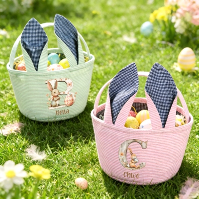 Personalisierter Namenskorb mit Blumenmuster, Aquarell-Buchstaben und Hasenohren, große Ostereiersuche-Tasche aus Seersuckerstoff, Ostergeschenk für Kinder