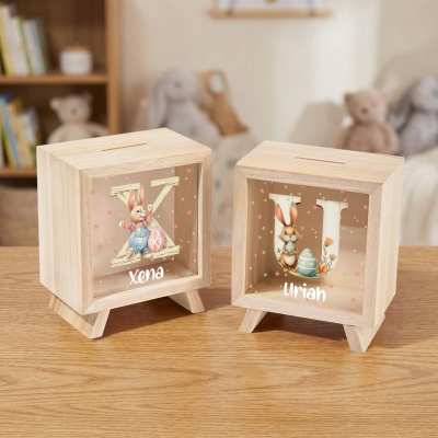 Personalisierte Spardose mit Blumen- und Hasenmotiv, Aquarell-Alphabet, Holz-Spardose mit Sichtfenster, Heimdekoration, Oster-/Geburtstagsgeschenk für Kinder