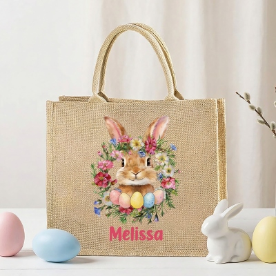 Personalized Name & Birth Flower Bunny Easter Burlap Tote Bag, Large Capacity Jute Floral Handbag, Spring Party Favor, Easter Gift for Kids/Boys/Girls