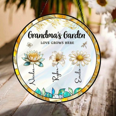 Custom Names & Birth Flowers Grandma’s Garden Stained Glass Suncatcher with Diamond, Floral Window Hanging, Birthday/Mother’s Day Gift for Mom/Grandma