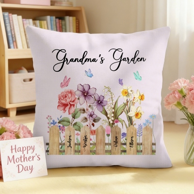 Personalized Names & Birth Flowers Grandma’s Garden Throw Pillow Cover, Pillowcase with Optional Insert, Home Decor, Mother’s Day Gift for Mom/Grandma