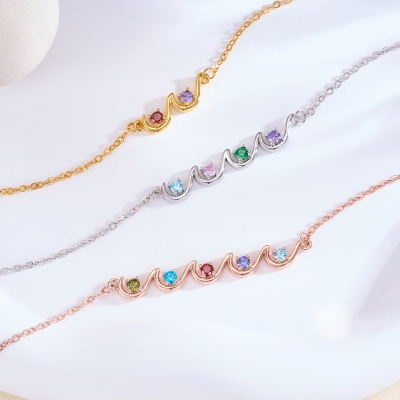Personalized Wave Necklace with 1-6 Birthstones, Sterling Silver 925 Dainty Jewelry, Birthday/Valentine’s Day/Mother’s Day Gift for Her/Couple/Mom