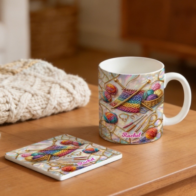 Custom Name Colorful Knitting Mug, 11oz/15oz Two Tone Ceramic Coffee Mug with Coaster, Birthday/Mother's Day Gift for Knitting Lovers/Mom/Grandma