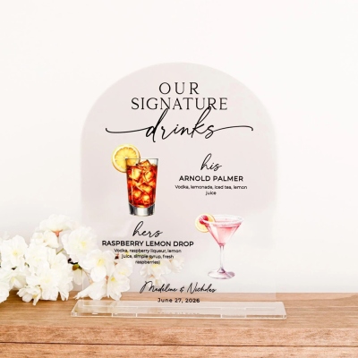 Personlig bågformad akrylskylt med signaturdrink för bröllopsbar, anpassad cocktailmeny med illustrationer, elegant mottagningsskylt i bar för par