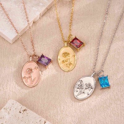 Custom Birthstone & Birth Flower Necklace, Mother Necklace, Sterling Silver 925 Dainty Jewelry, Birthday/Mother's Day/Christmas Gift for Her/Grandma