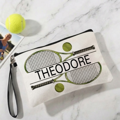 Personalized Tennis Racket & Ball Design Cosmetic Bag with Name, Linen Makeup Pouch with Wrist Strap, Gift for Tennis Lovers/Players/Teammates/Coaches