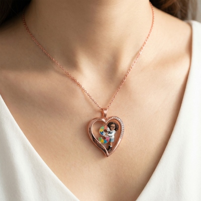 Personalized Photo Autism Awareness Heart Alphabet Necklace, Cartoon Puzzle Portrait Pendant, Anniversary/Birthday Gift for Autism Family/Kids/Parents
