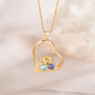 Personalized Highland Cow Couple Heart Necklace with Birthstones, Dainty Birthstone Jewelry, Birthday/Anniversary/Valentine's Day Gift for Her/Couple
