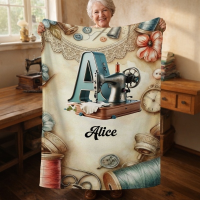 Custom Name Sewing Machine Alphabet Blanket, Flannel/Sherpa Throw for Bed Couch, Home Decor, Birthday/Mother’s Day Gift for Mom/Grandma/Sewing Lovers