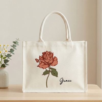 Personalized Name Birth Flower White Tote Bag, Large Capacity Canvas Handbag, Birthday/Mother’s Day/Wedding Gift for Her/Mom/Bridesmaids/Women