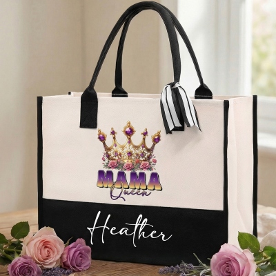 Personalisierte Tragetasche mit Blumenkronen-Design und Namen „Mama Queen“, geräumige Canvas-Handtasche mit Schleife, Geburtstags-/Muttertagsgeschenk für Ehefrau/Mama/Oma