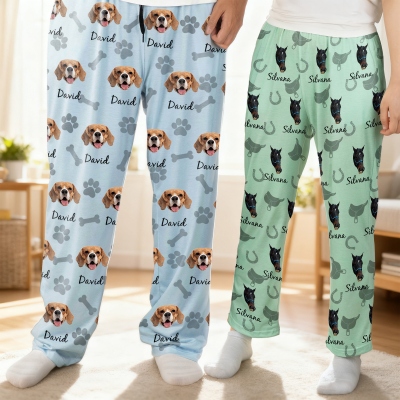 Personalisierte Pyjamahose mit Namen, Haustierporträt, Herz, Hufeisen und Pfotenabdruck, Loungewear-Hose mit Haustierfoto, Geburtstags-/Gedenkgeschenk für Tierbesitzer/Pferdeliebhaber
