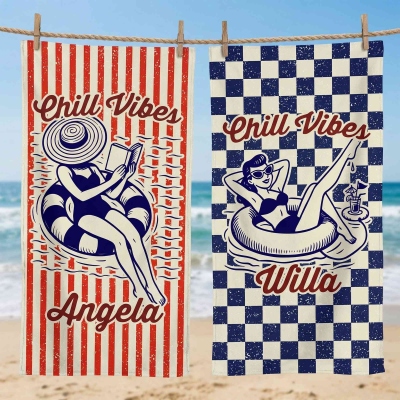 Custom Name Vintage Lady Illustration Striped/Plaid Beach Towel, Quick Dry Microfiber Bath Towel, Summer Vacation/Beach Party Favor, Gift for Women