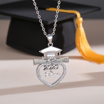 Personalized Name & Birthstone Graduation Cap Bow Scroll Heart Necklace with Cubic Zirconia, Class of 2026 Graduation Jewelry, Gift for Graduates