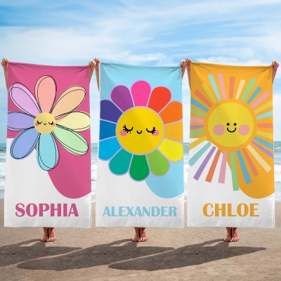 Personalized Name Rainbow Smile Sun Beach Towel, Quick Dry Microfiber Bath Towel, Summer Vacation/Beach Party Favor, Gift for Kids/Family/Friends