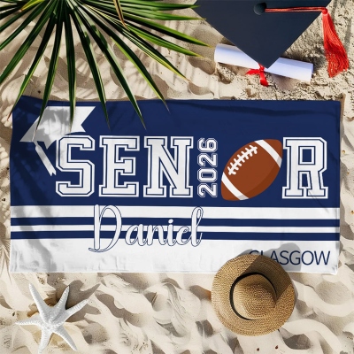 Personalized Name Senior Sports Ball Beach Towel, Quick Dry Microfiber High School/College Grad Towel Class of 2026, Gift for Graduates/Sports Lovers