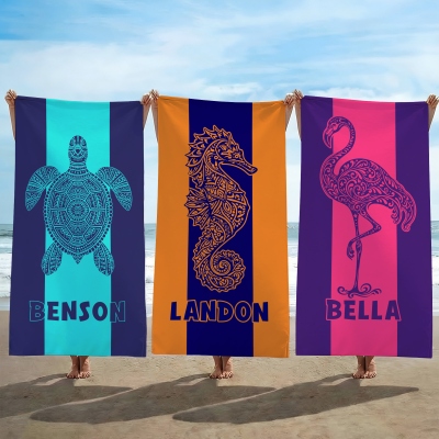 Custom Name Contrast Color Marine Animal Beach Towel, Quick Dry Microfiber Bath Towel, Summer Vacation/Beach Party Favor, Gift for Kids/Marine Lovers