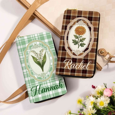Custom Name Birth Flower Vintage Plaid Leather Wallet, Women's Zip Around Clutch Purse, Birthday/Mother's Day/Wedding Gift for Her/Mom/Bridesmaids
