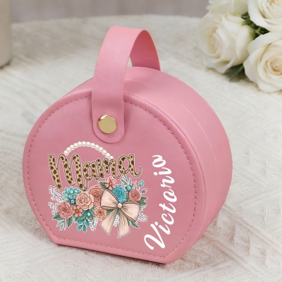 Custom Name Floral Bow Mama Design Portable Jewelry Case with Handle, PU Leather Travel Jewelry Box, Birthday/Mother’s Day Gift for Wife/Mom/Grandma