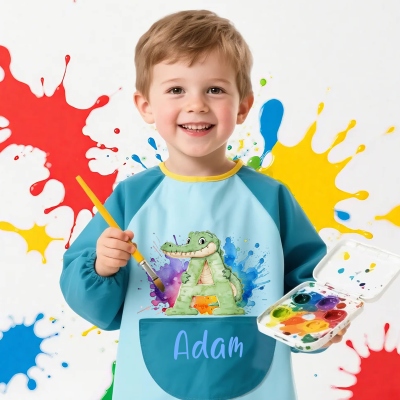 Custom Name Watercolor Animal Alphabet Long Sleeve Children's Painting Apron, Waterproof Art Smock with Pocket, Birthday Gift for Kids/Boys/Girls