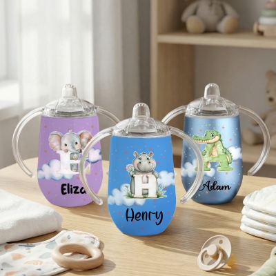 Custom Name Watercolor Animal Alphabet Sippy Cup, 10oz Insulated Egg-Shaped Water Cup with Handles & Lid, Birthday/Baby Shower Gift for Kids/Toddlers