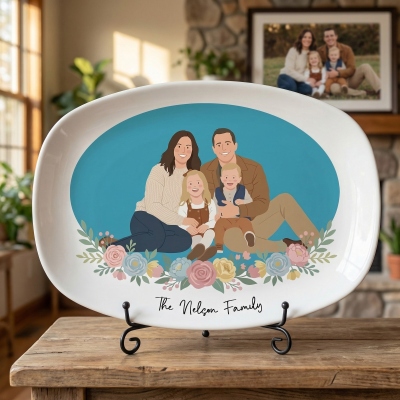 Personlig akvarell familjeporträtt dekorativ tallrik, illustrationsfat med metallställ, födelsedags-/mors dagspresent till mamma/familj/vänner