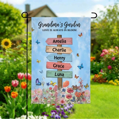 Personalized Sign Post Design Grandma’s Garden Flag with Names, Floral Butterflies Outdoor Yard Decor, Birthday/Mother’s Day Gift for Mom/Grandma