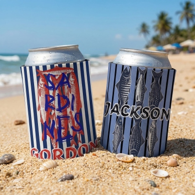 Personalized Sardines Stripe Beer Can Cooler with Name, Bottle Beverage Insulator, Summer Beach Party Favor, Birthday Gift for Fishing Lovers/Friends