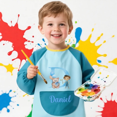 Personalisierte Malschürze mit Aquarellmotiven, langen Ärmeln und individuellem Namen und Initialen, Malkittel mit Tasche, ideales Geburtstagsgeschenk für Kinder