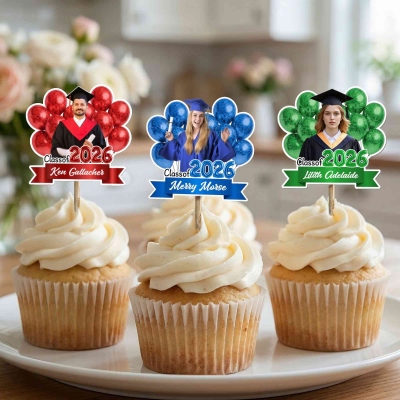 Personalized Photo Graduation Balloons Design Cupcake Toppers with Name & Year, Graduation Party Cake Decors (Set of 8), Gifts for Graduates/Students