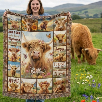 Personalized Name Just a Boy/Girl Who Love Highland Cows Blanket with Tassels, Flannel Bed Couch Throw, Home Decor, Gift for Highland Cow Lovers