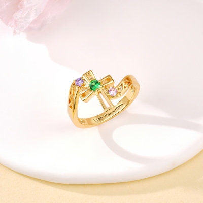 Personalized Engraved Cross Ring with Birthstones, Sterling Silver 925 Family Faith Ring, Birthday/Christmas/Mother’s Day Gift for Her/Mom/Christians