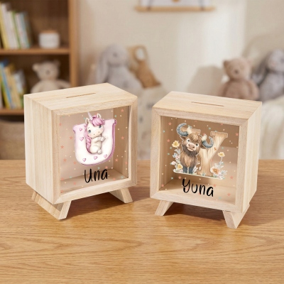 Personalisierte Spardose mit Namensmotiv, Tiermotiven und Alphabet, Spardose aus Holz mit Sichtfenster, Geschenk zum Kindertag/Geburtstag für Kinder/Jungen/Mädchen