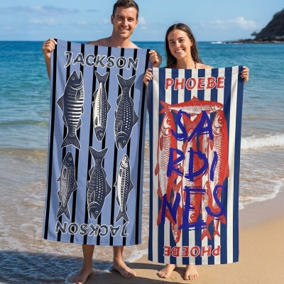 Custom Name Sardines Stripe Beach Towel with Drawstring Bag, Quick Dry Microfiber Bath Towel, Summer Party Favor, Gift for Fishing Lovers/Friends